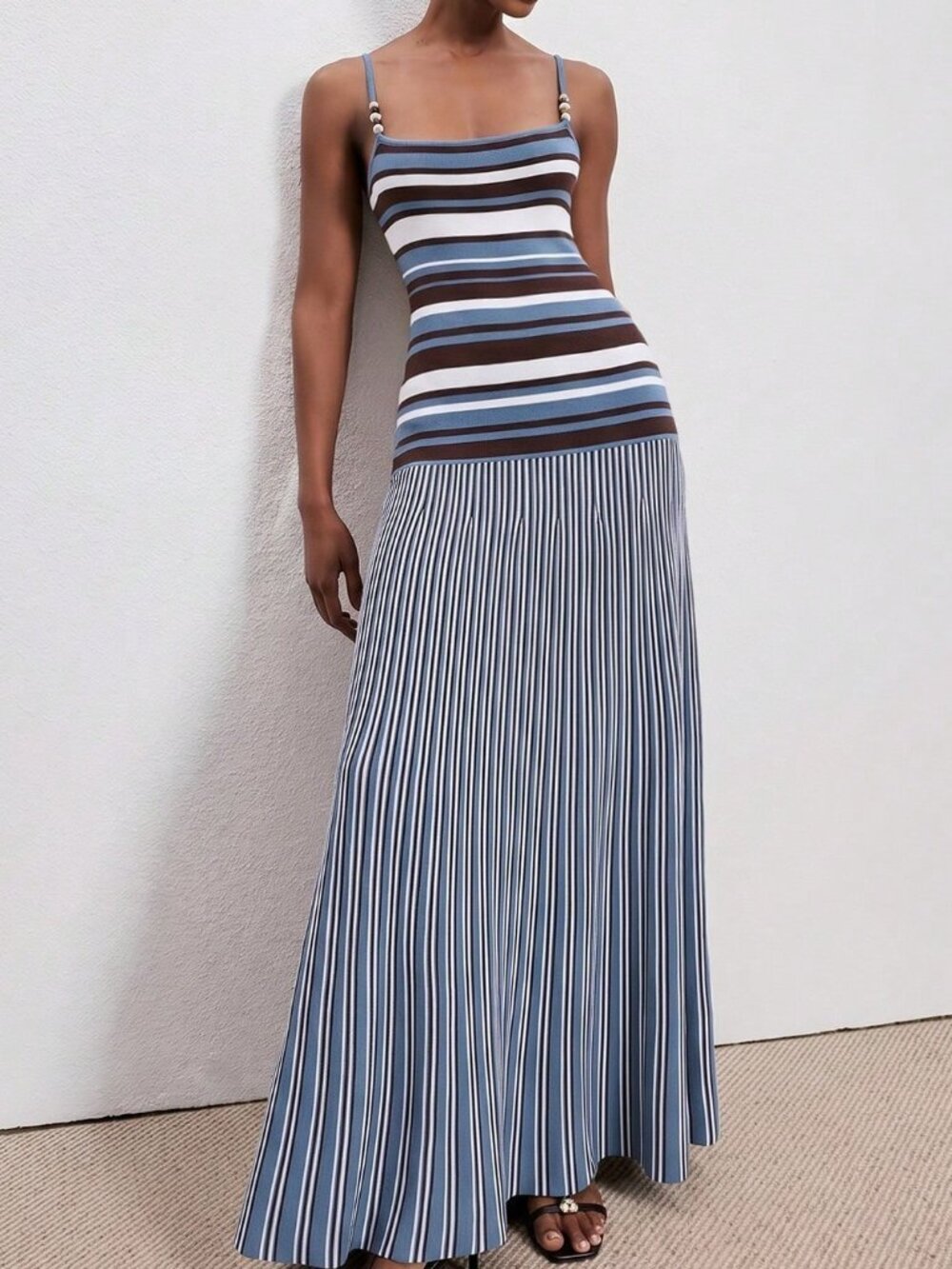 Blue And White Casual Women's Striped Print Color Block Camisole Sweater Dress - Picture 6 of 6